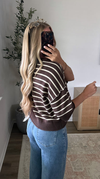 Striped Autumn Short Sleeve Knit / Brown + Cream