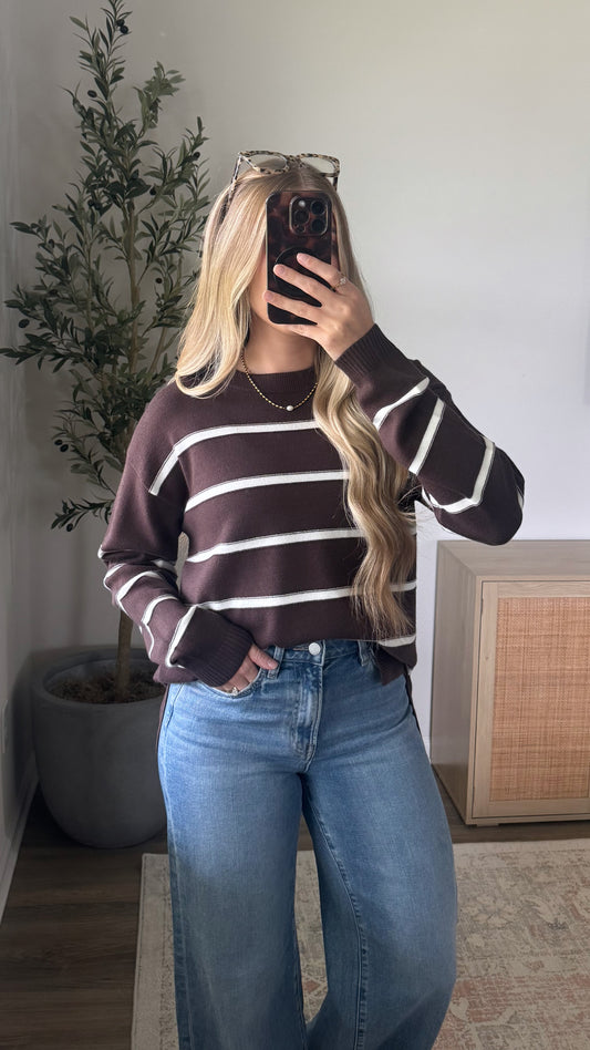 Julia Crewneck Striped Sweater / Dark Brown