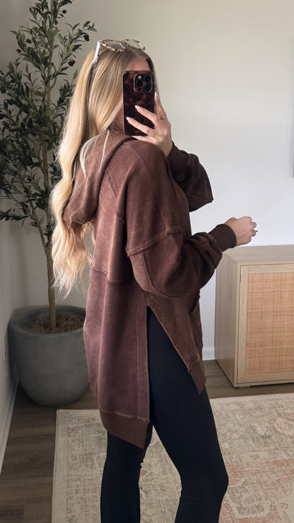 Raw Edge Washed Hoodie / Dark Brown