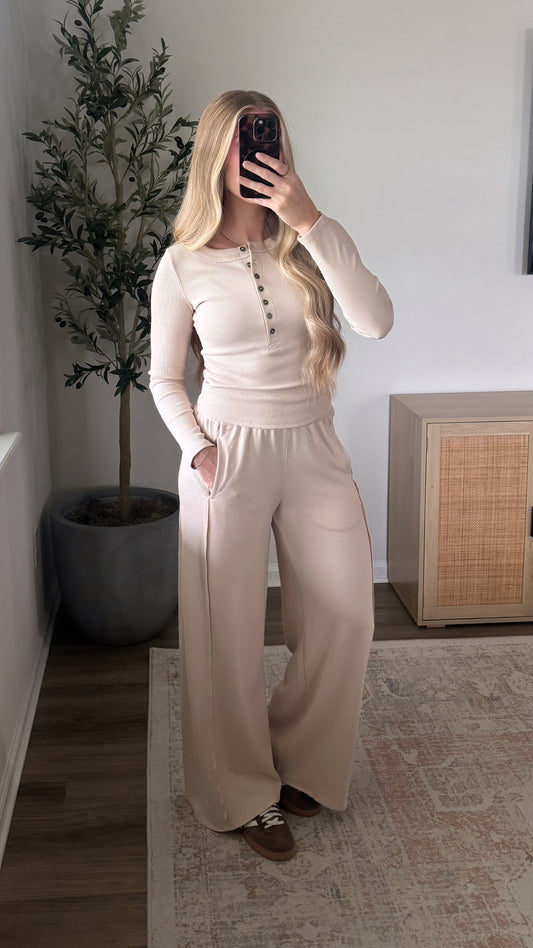 Henley Wide Leg Pants Set / Biscotti