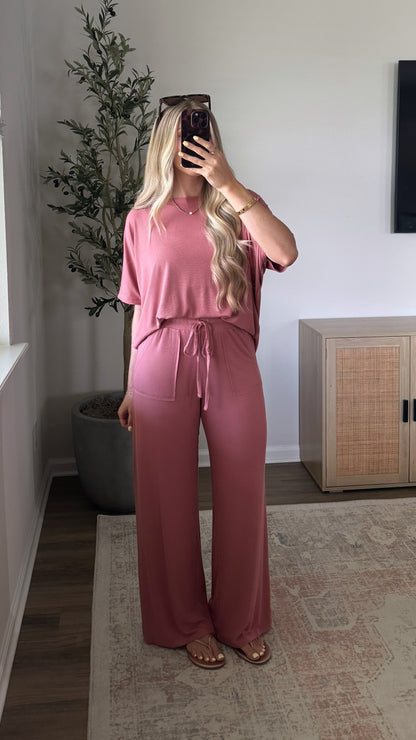 Rayon Ribbed Pants Set / Dusty Rose