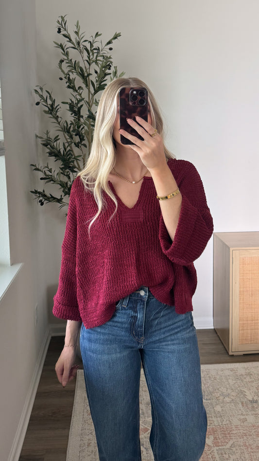 Cuffed Popcorn Knit / Burgundy