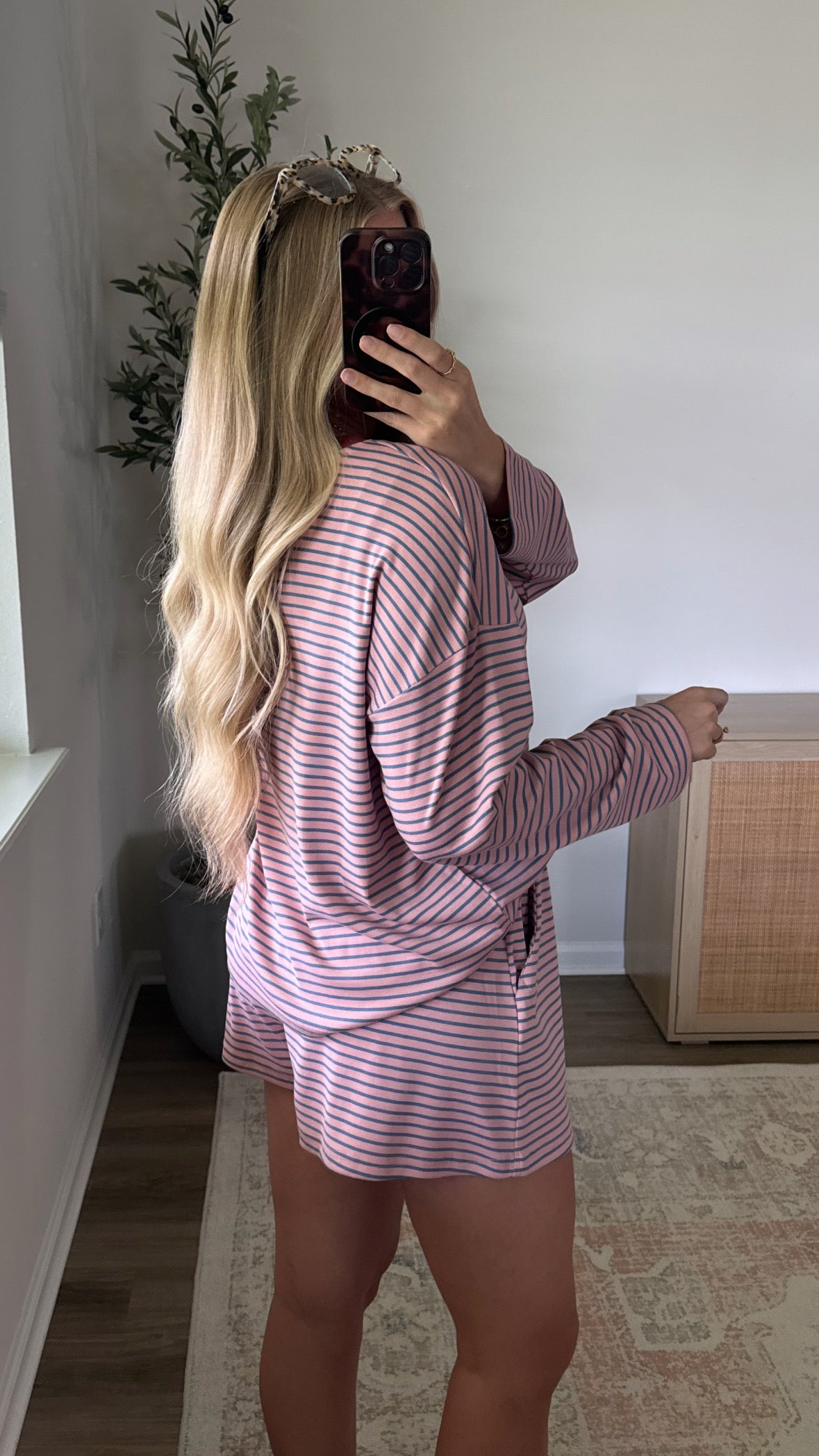 Kayla Long Sleeve Striped Shorts Set / Pink + Burgundy