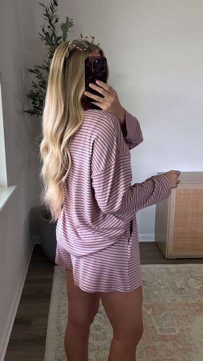 Kayla Long Sleeve Striped Shorts Set / Pink + Burgundy
