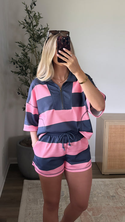 Retro Shorts Set / Navy + Pink