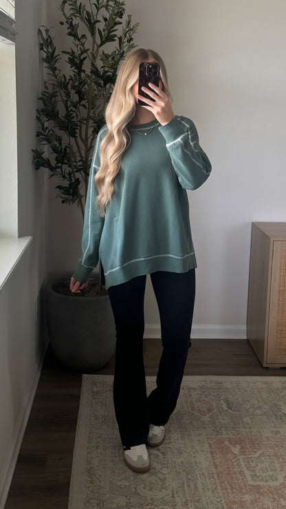 Contrast Stitched Pullover / Light Sage