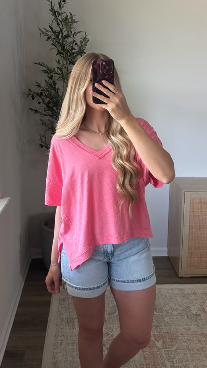 V-Neck Short Sleeve Tee / Pink