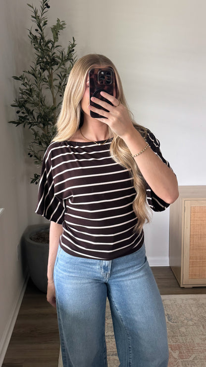 Callie Cinched Striped Top / Dark Brown