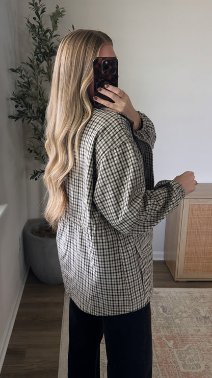 Plaid Cinch Waist Jacket / Cream + Brown