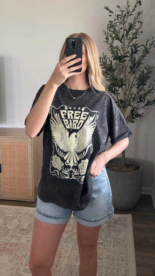 Cuffed Free Bird Graphic Tee / Black
