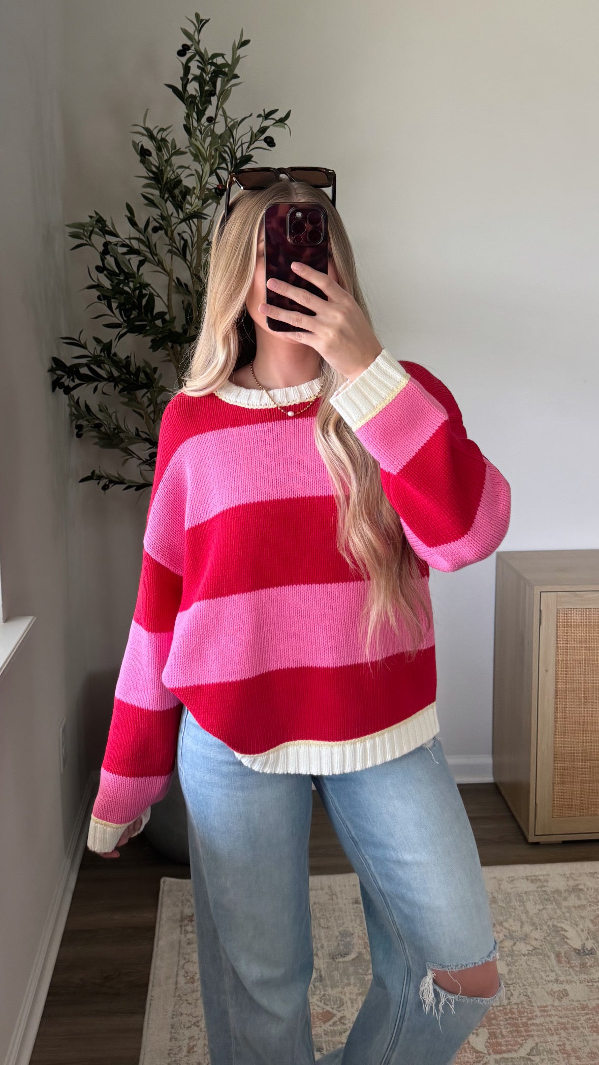 Sweetheart Striped Sweater / Red + Pink