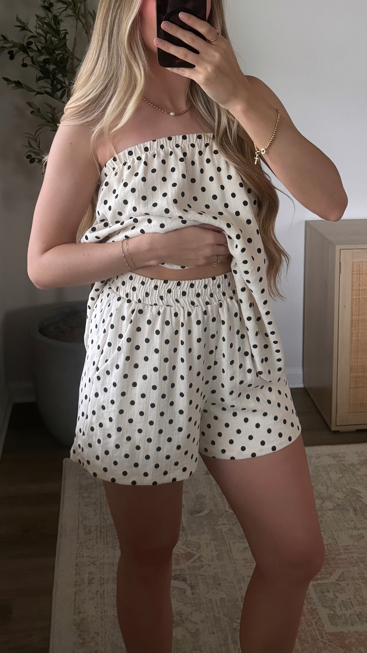 Strapless Polka Dot Shorts Set / Black + Cream