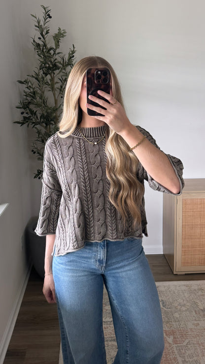Short Sleeve Cable Knit / Washed Brown