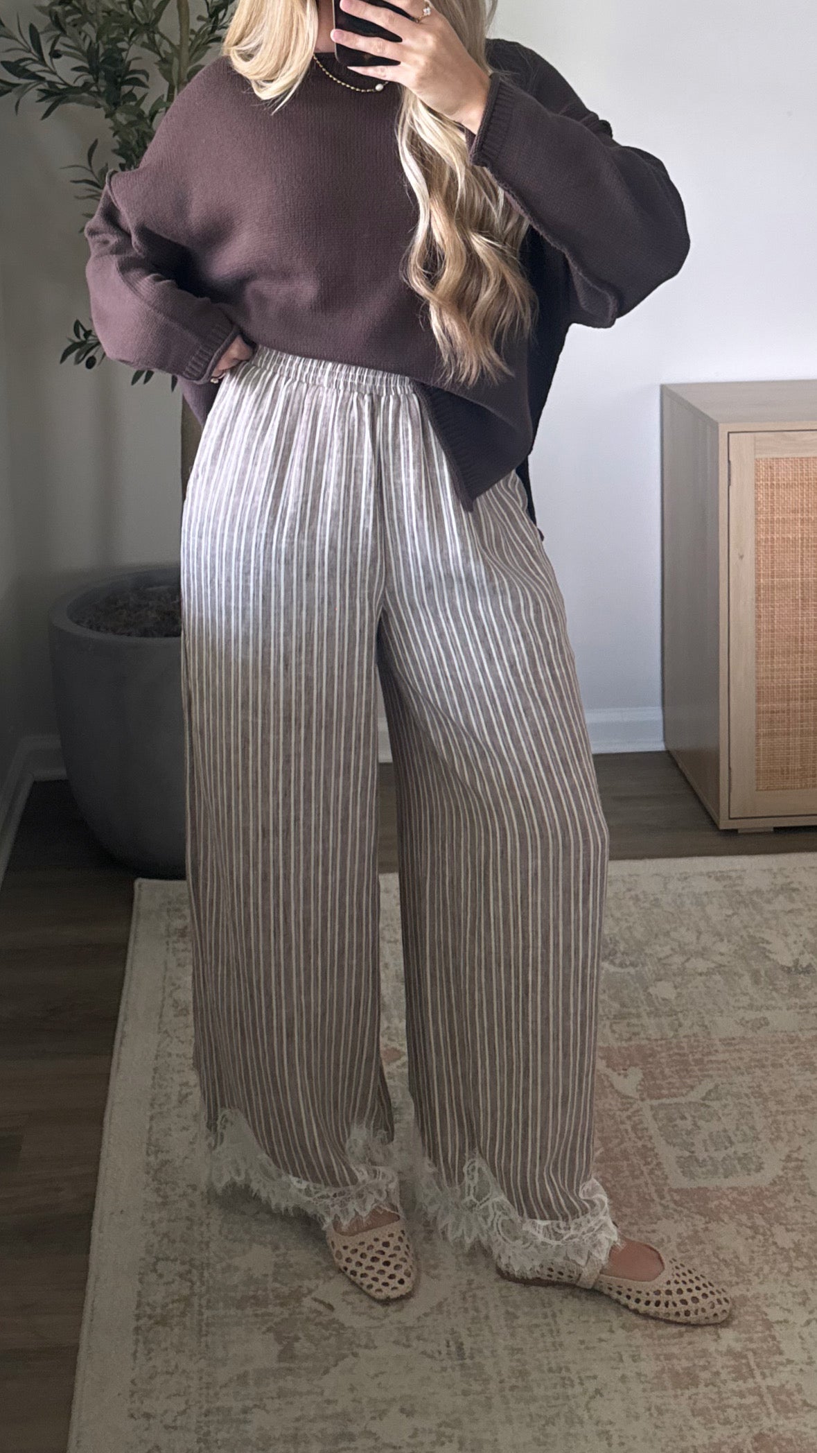 Striped Lace Trim Pants / Mocha