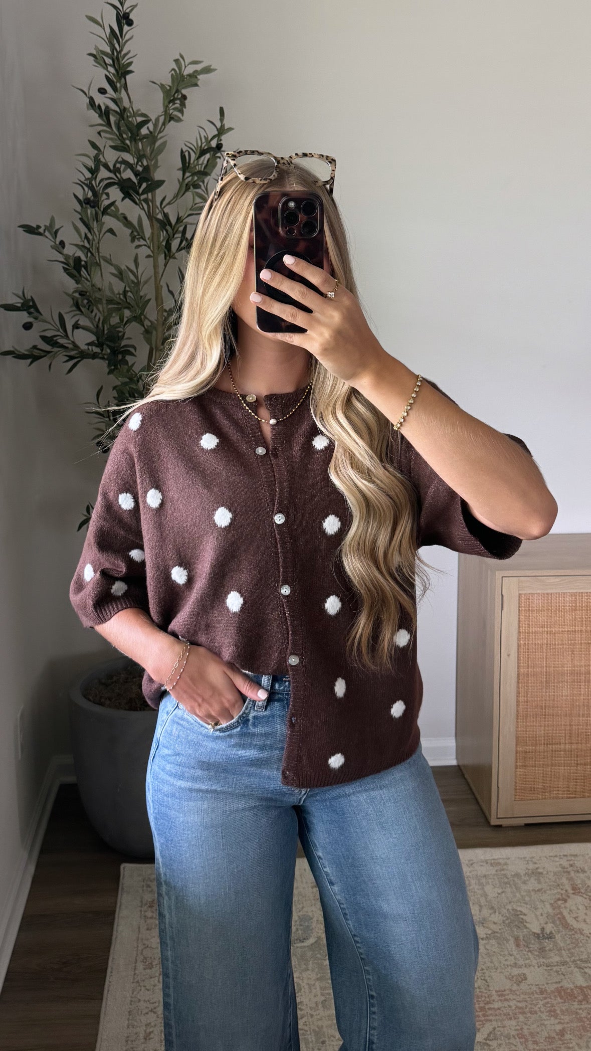PREORDER (Estimated to ship 8/30) - Polka Dot Short Sleeve Cardigan / Brown