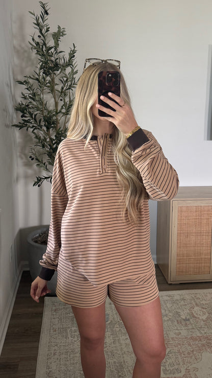 Striped Henley Shorts Set / Latte