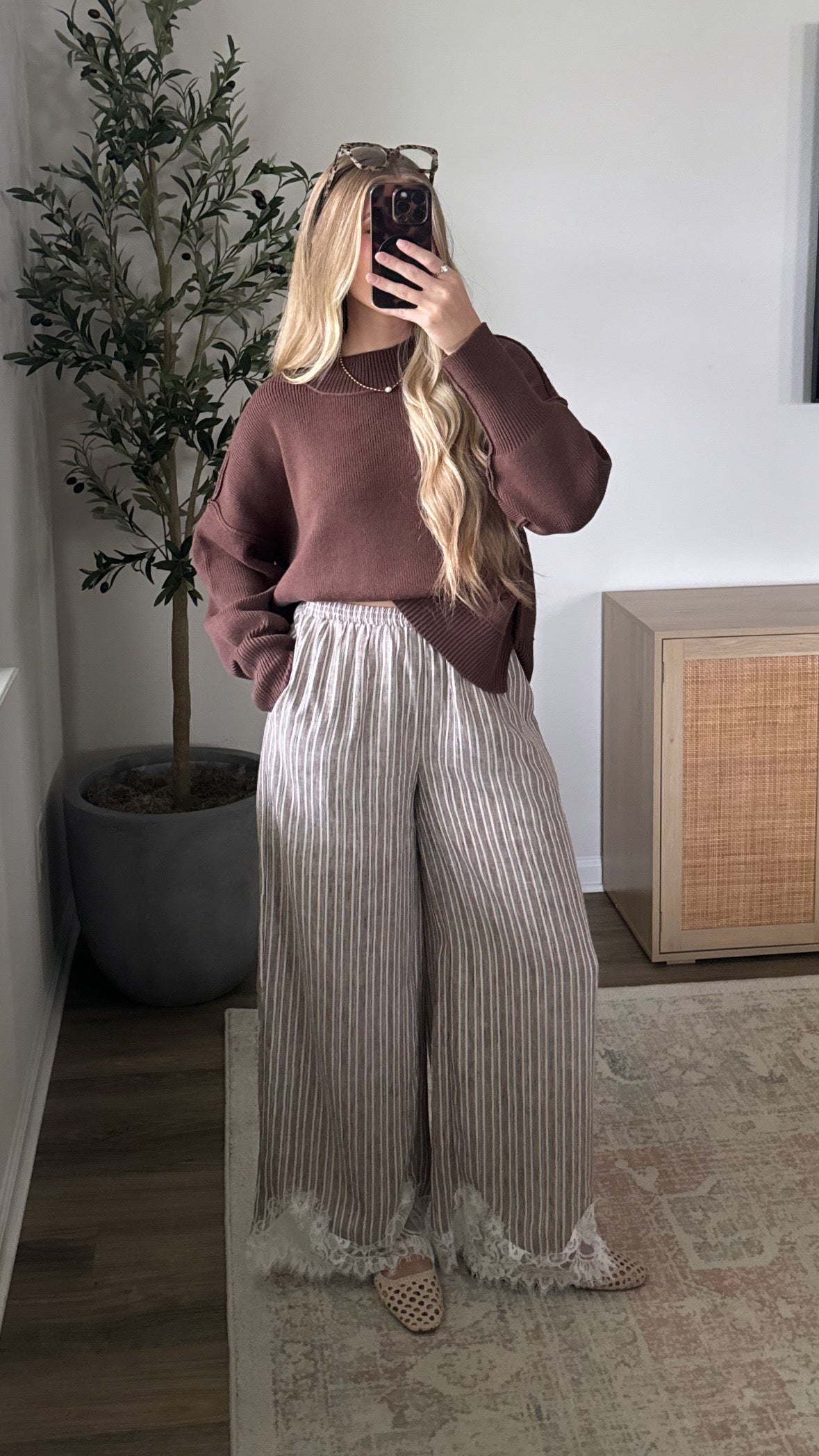 Striped Lace Trim Pants / Mocha