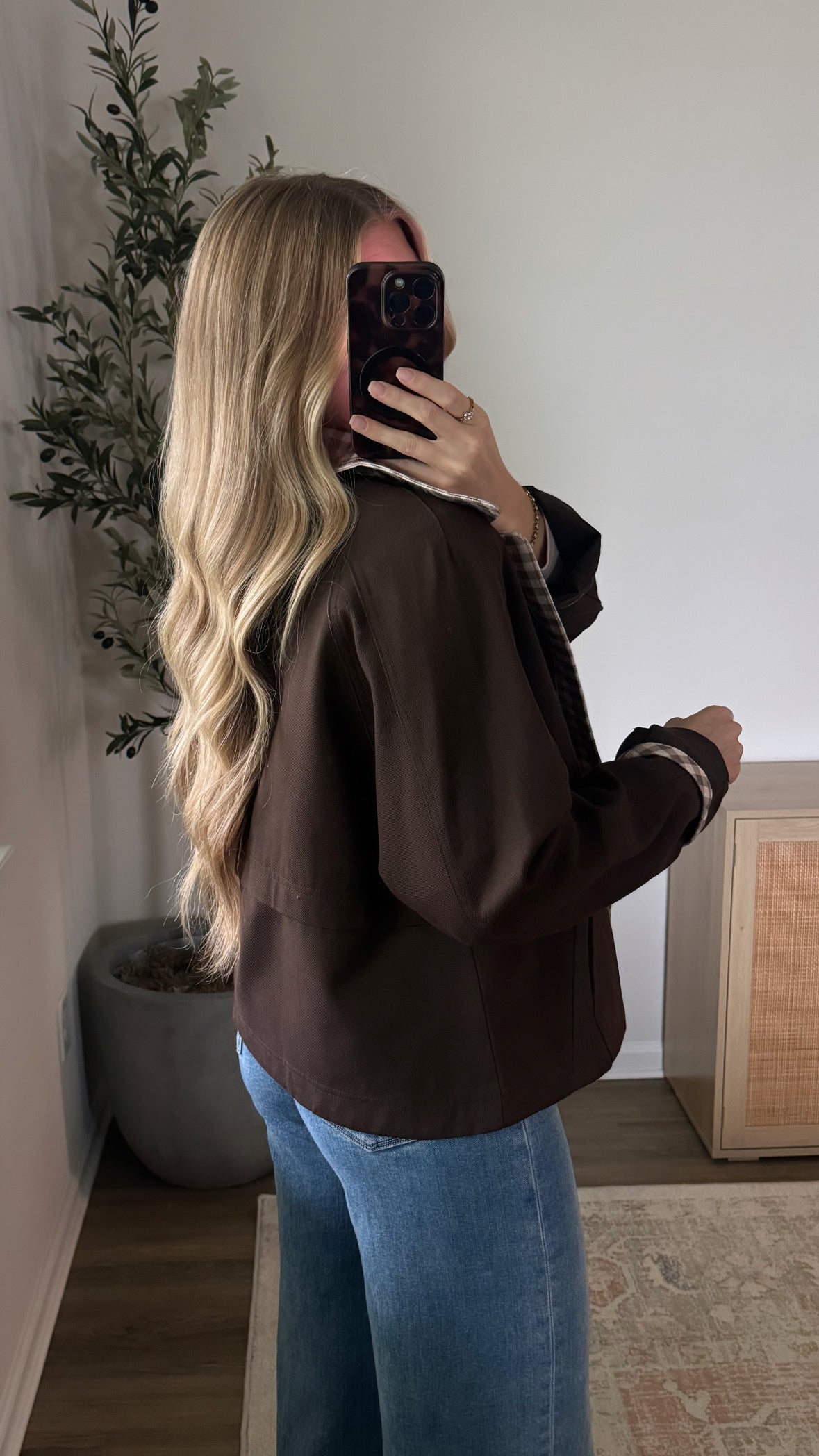 Cropped Gingham Jacket / Dark Brown