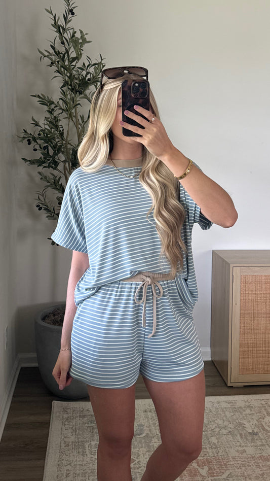 Gracie Striped Shorts Set / Blue + Tan