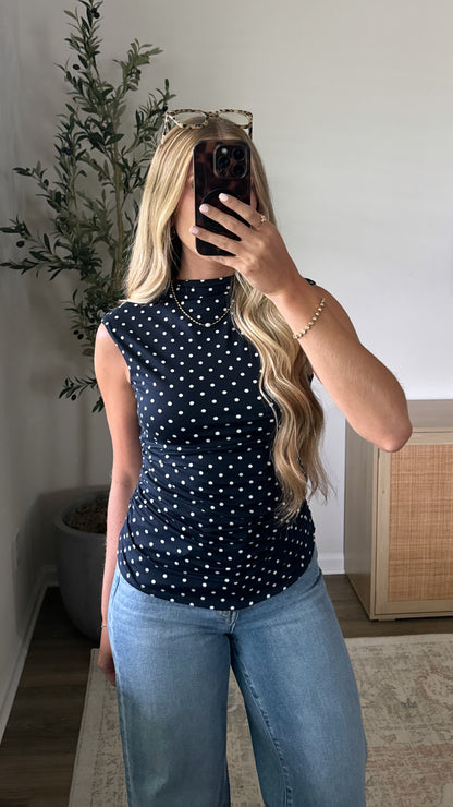 Ruched Polka Dot Top / Navy