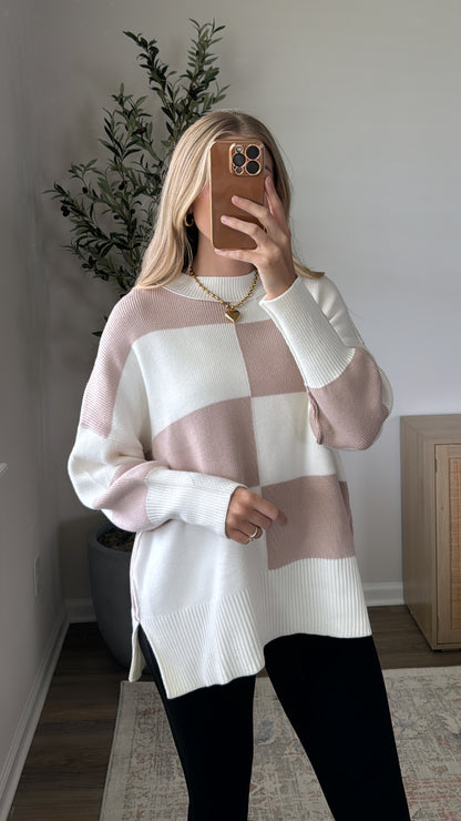 Colorblock Checkered Sweater / Blush