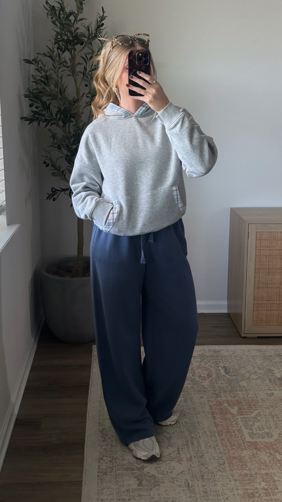 Plaid Trim Hoodie / Grey + Blue