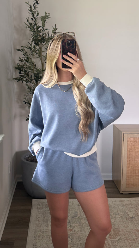 Ellie Contrast Shorts Set / Light Blue