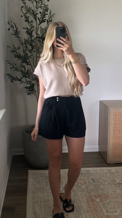 Pinstripe Side Tie Shorts / Black
