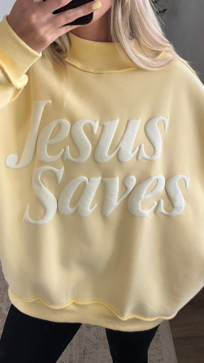 Jesus Saves Mock Neck Sweatshirt / Puff Print