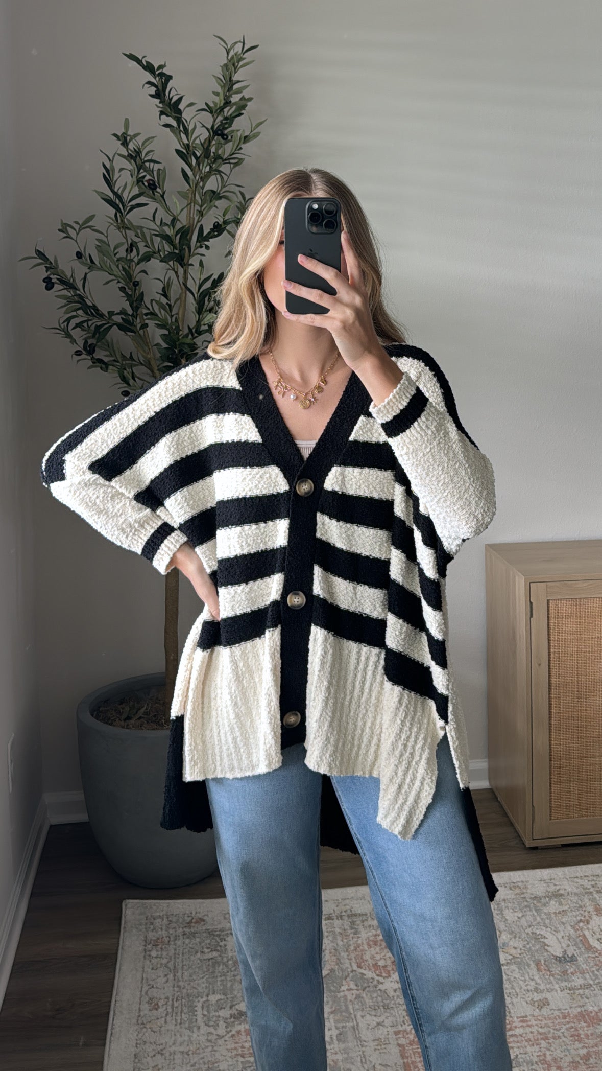 Oversized Striped Cardigan / Black + Cream