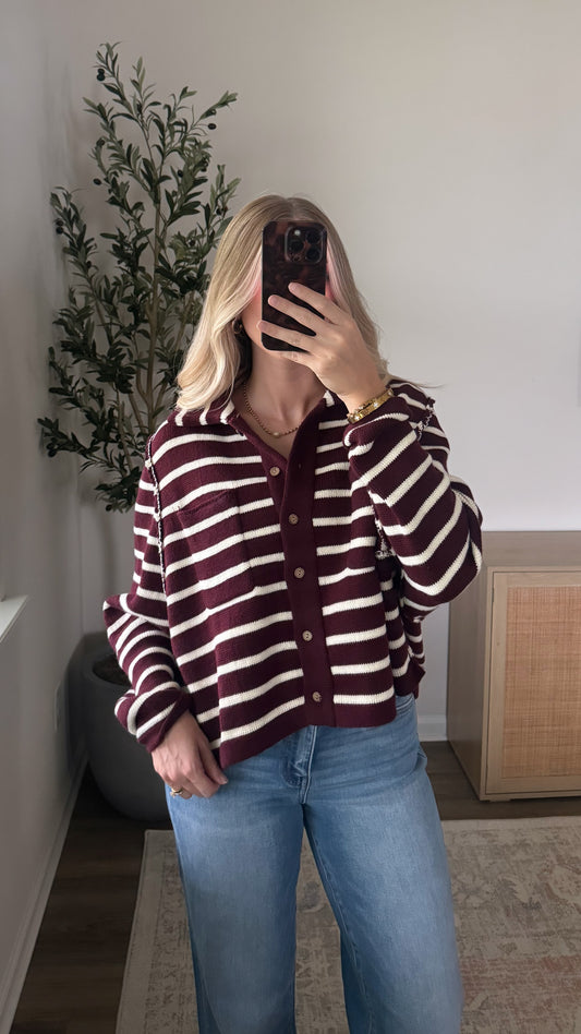 Bella Striped Cardigan / Dark Cherry