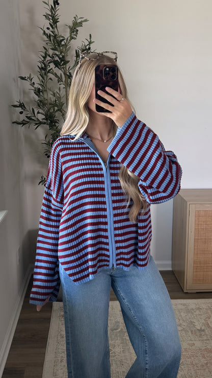 Hannah Striped Zip-Up / Blue + Burgundy