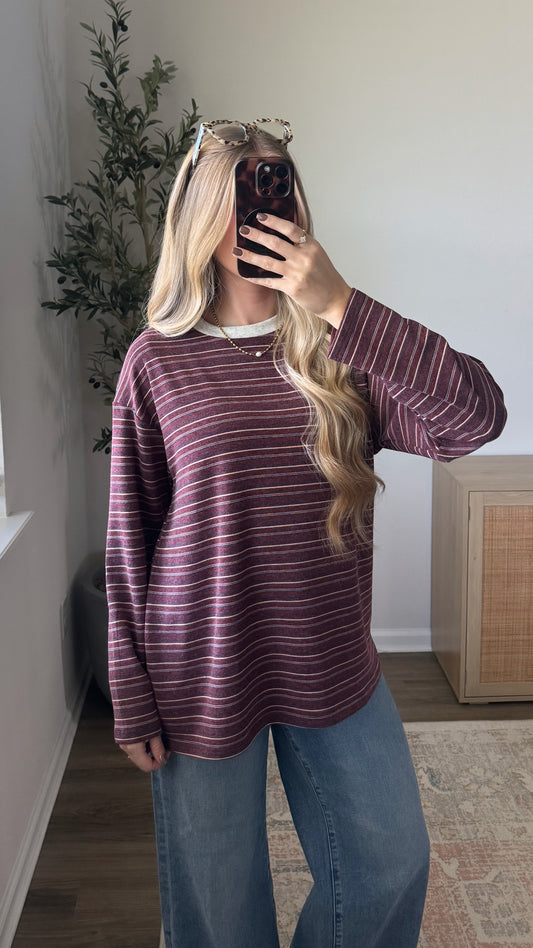 PREORDER (estimated to ship 11/4) - Oversized Striped Long Sleeve / Maroon