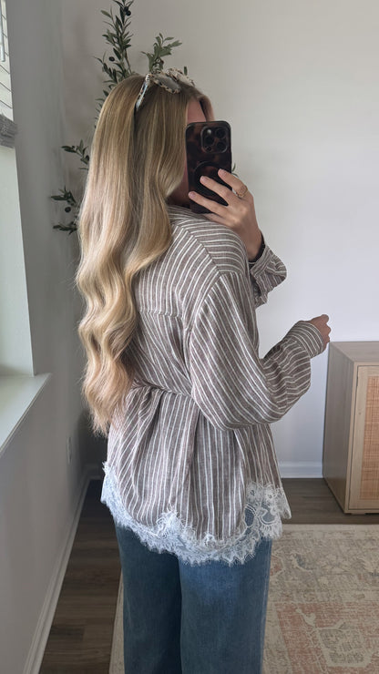 Striped Lace Trim Blouse / Mocha