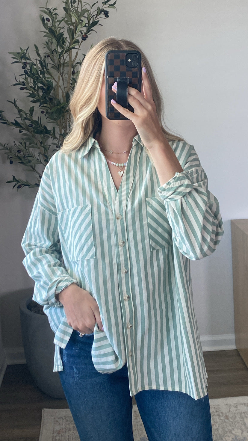 Sage Striped Button Up