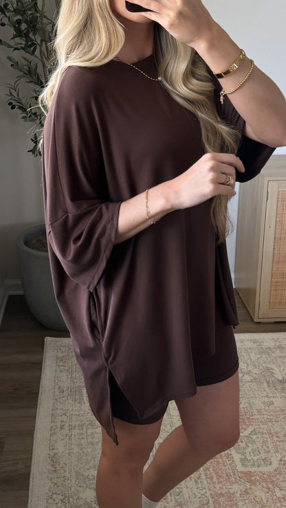 Oversized Biker Shorts Set / Brown