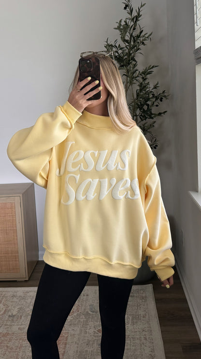 Jesus Saves Mock Neck Sweatshirt / Puff Print
