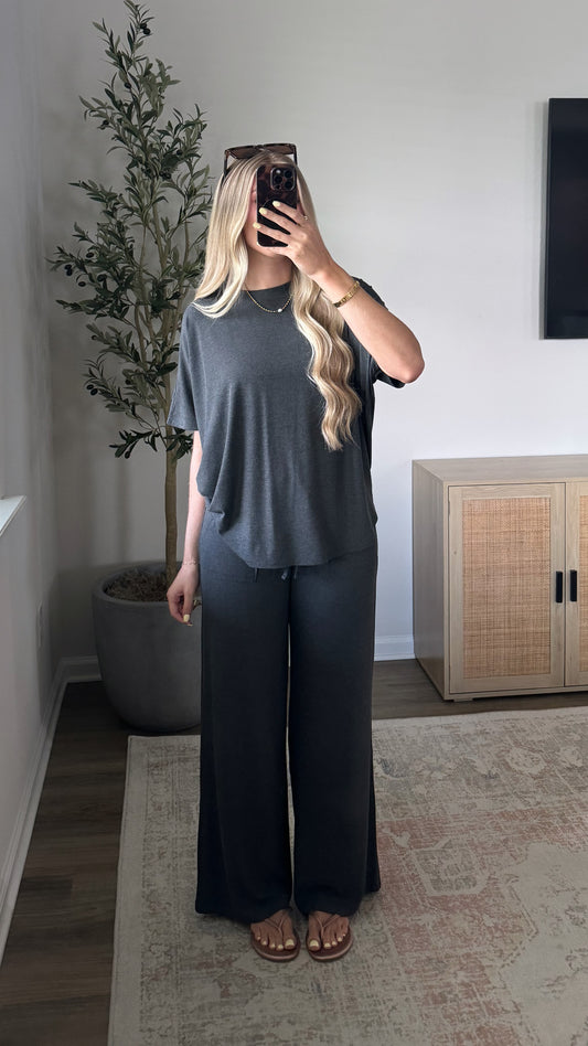 Rayon Ribbed Pants Set / Charcoal
