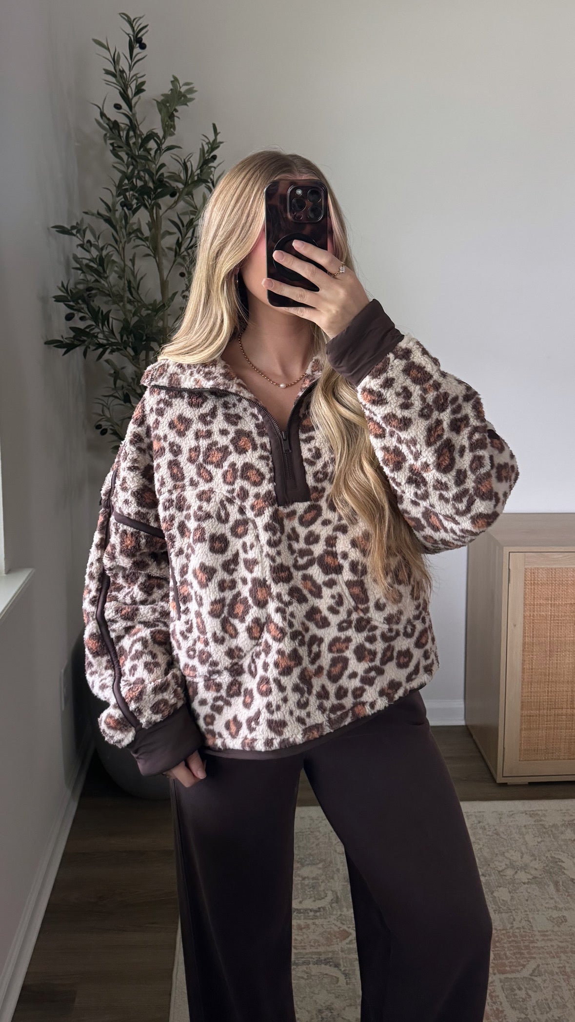 Leopard Sherpa Quarter Zip / Brown