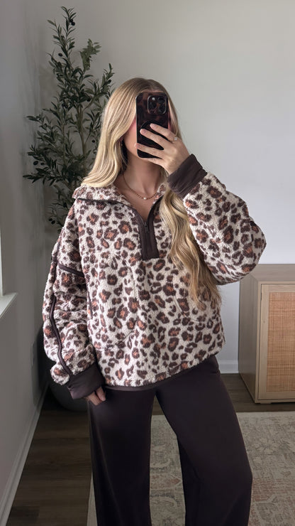 Leopard Sherpa Quarter Zip / Brown