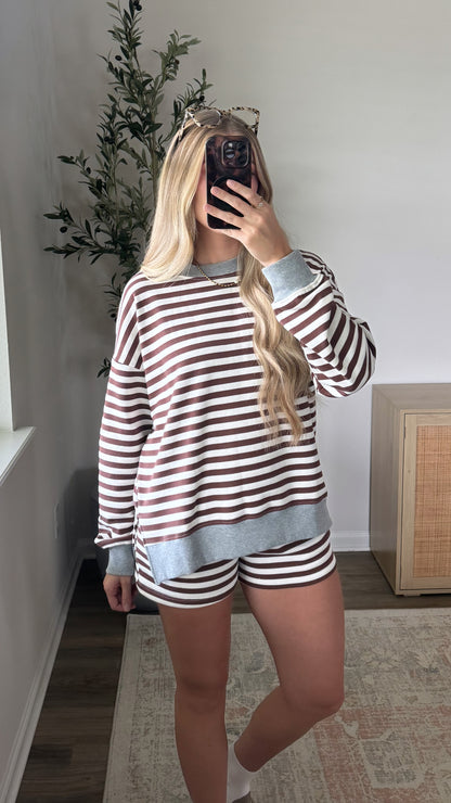 Blair Striped Shorts Set / Brown + Grey