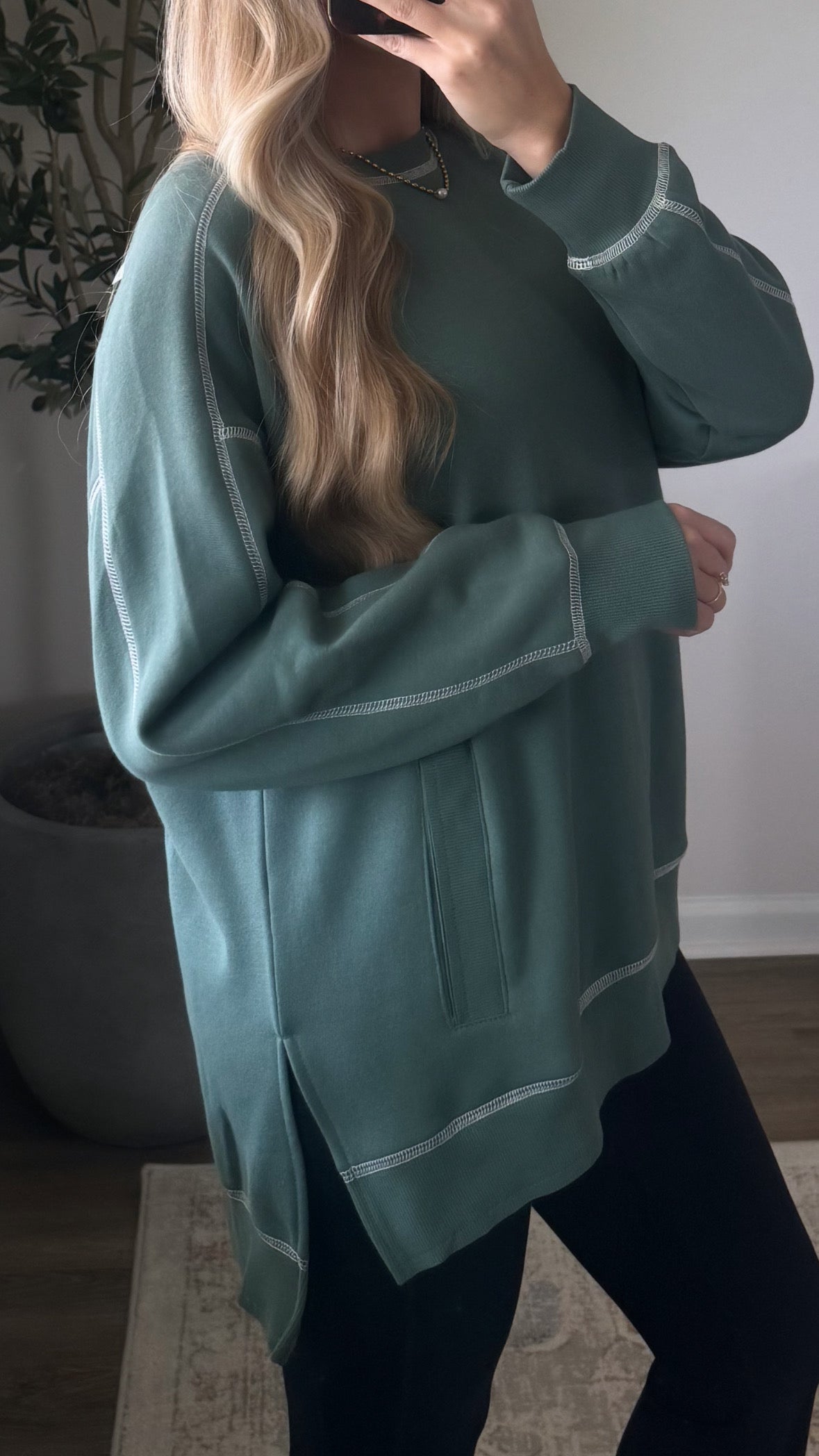 Contrast Stitched Pullover / Light Sage