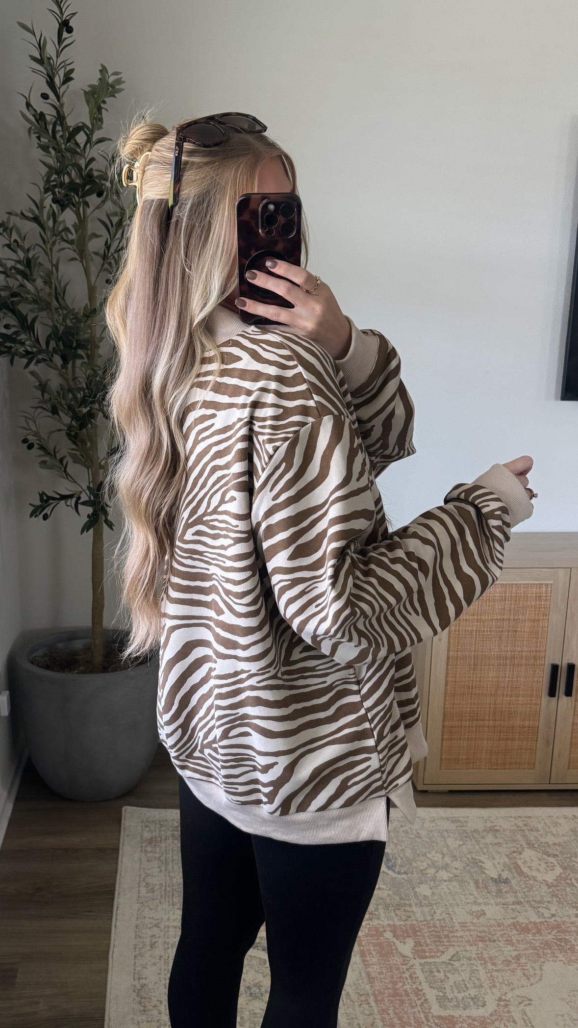Zebra Mock Neck Sweatshirt / Tan