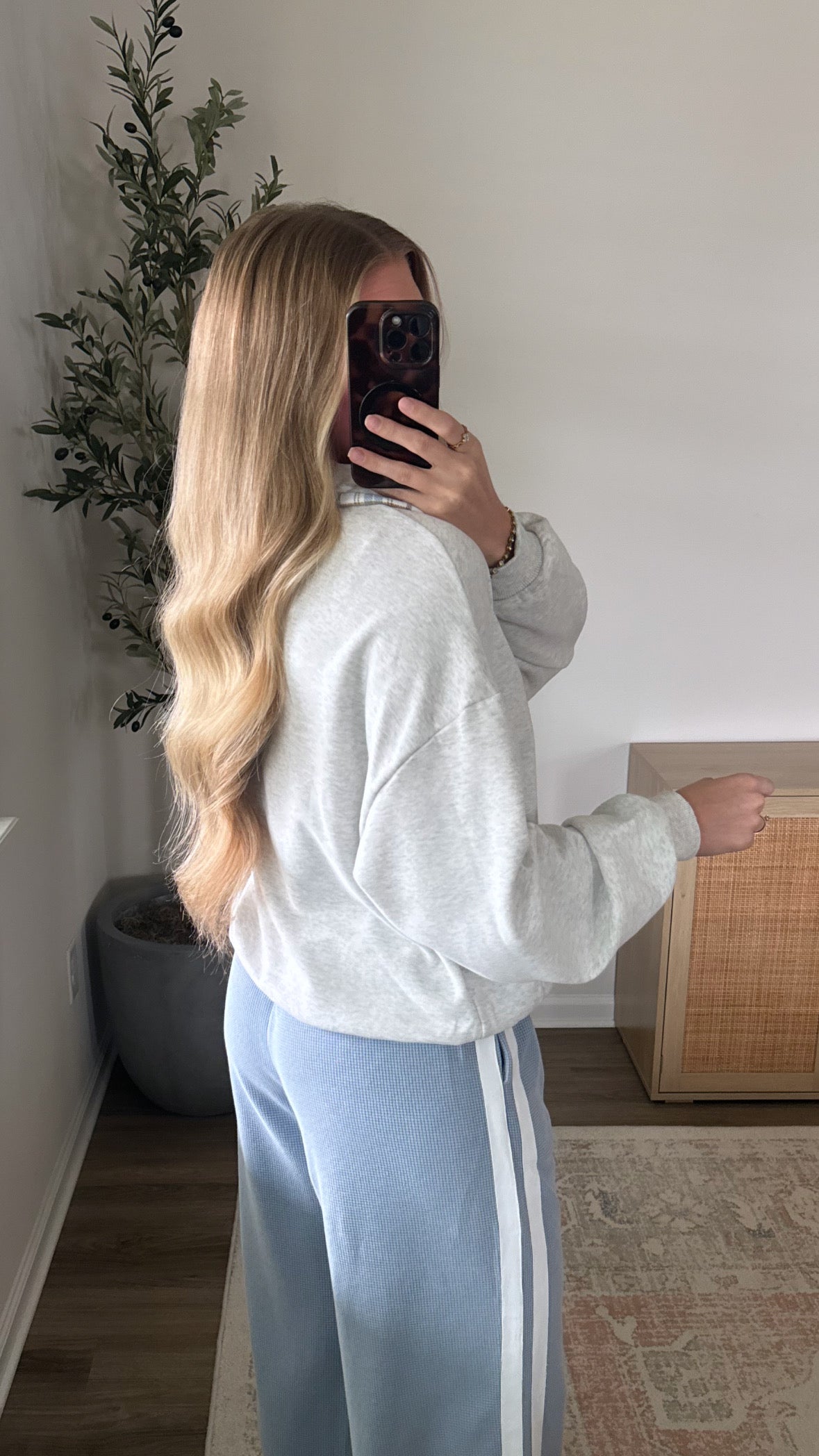 Plaid Trim Quarter Zip / Grey + Blue