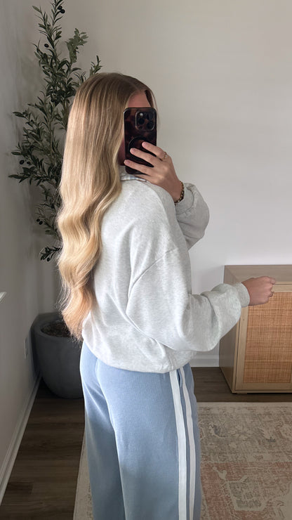 Plaid Trim Quarter Zip / Grey + Blue