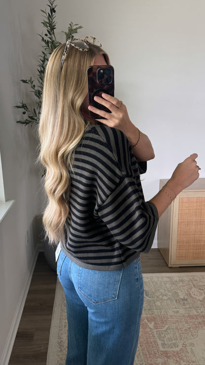 Natalie Striped Cardigan / Dark Olive + Black
