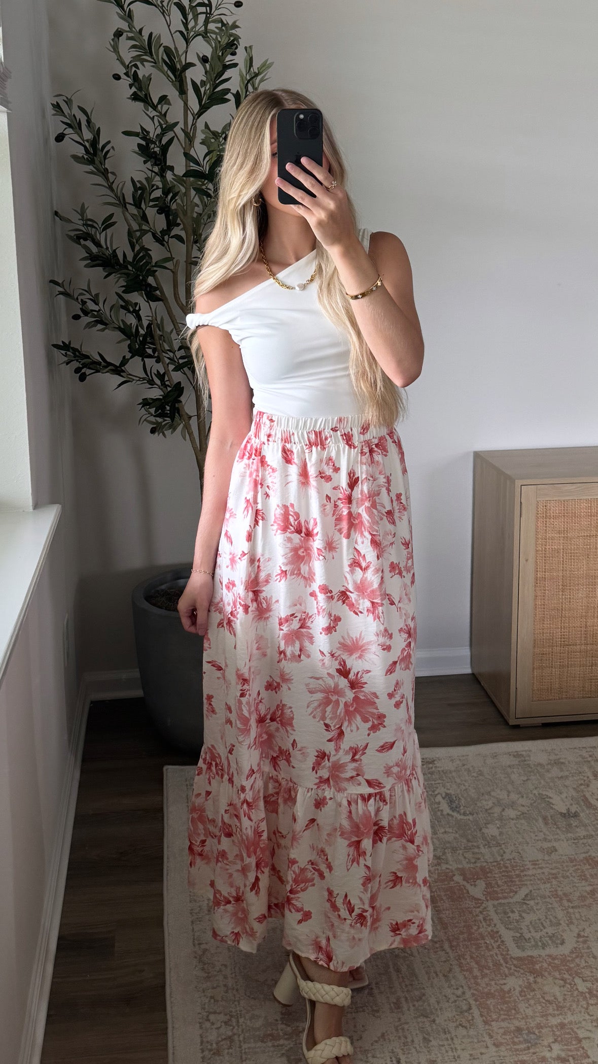 Tiered Floral Midi Skirt / Rose