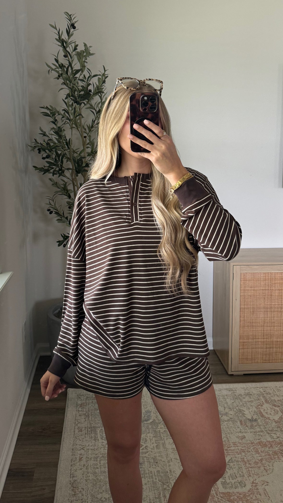 Striped Henley Shorts Set / Espresso