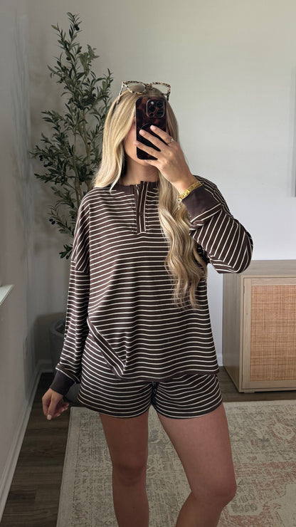 Striped Henley Shorts Set / Espresso