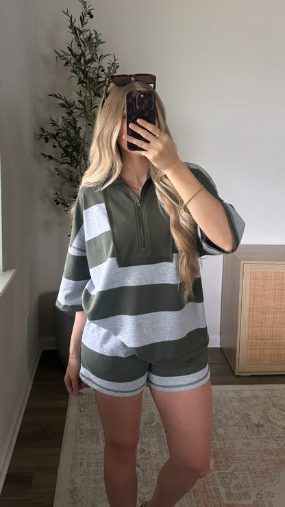 Retro Striped Shorts Set / Olive + Grey